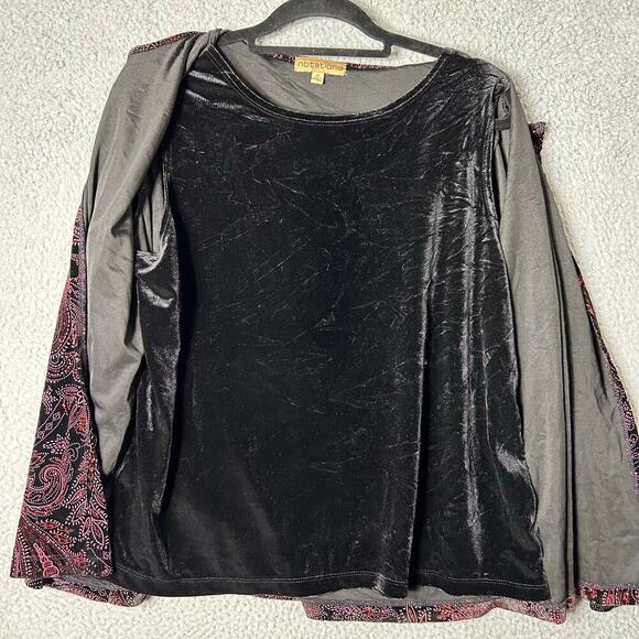 Notations Top Womens XL Black Red Sequin Long Sleeve Layered Look Floral Blouse - Picture 4 of 12